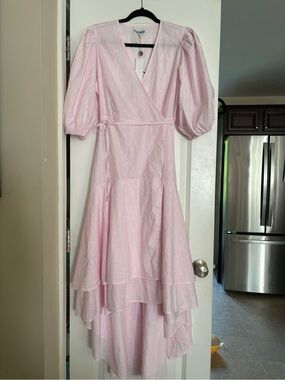 Ganni New Pink Wrap High-Low Midi Dress Cherry Blossom Organic Cotton Sz 40 8/10